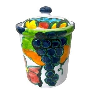 Celina Signed Hand painted Portugal 8.5” Lidded Jar Grape Floral Excellent